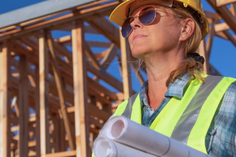 a woman wearing safety equipment at a job site